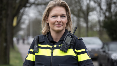 Student Rianne staat in een straat met auto's en bomen vaag op de achtergrond