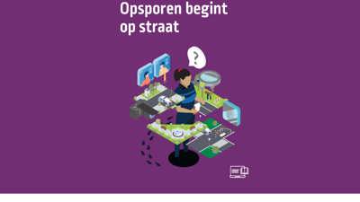 De voorkant van het boek 'Opsporen begint op straat' waar je een getekende politieagent ziet te midden van allerlei computers