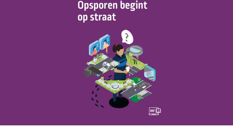 De voorkant van het boek 'Opsporen begint op straat' waar je een getekende politieagent ziet te midden van allerlei computers
