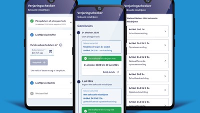 Screen prints van de nieuwe verjaringschecker seksuele misdrijven zoals deze er op een mobiel uit zouden zien