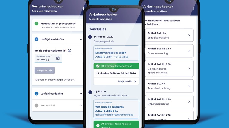 Screen prints van de nieuwe verjaringschecker seksuele misdrijven zoals deze er op een mobiel uit zouden zien