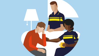 Illustratie van twee agenten met een burger in een woonkamer