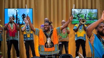 A brazz band plays at the commemoration and celebration of the abolition of slavery