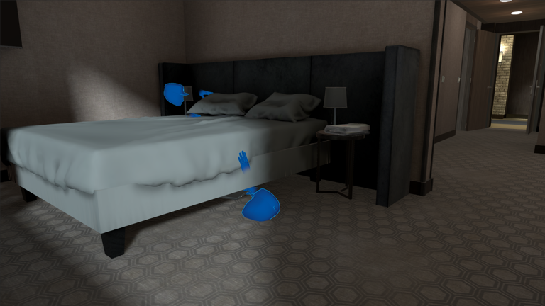 De slaapkamer in het hotel via de VR-bril gezien